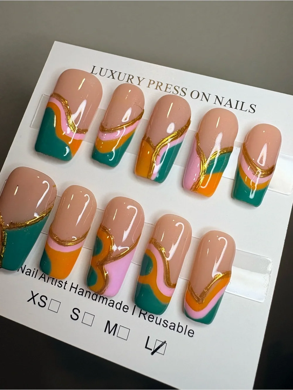 Luxury Press-On Nails - Nude with Teal, Pink & Orange Wave Accents